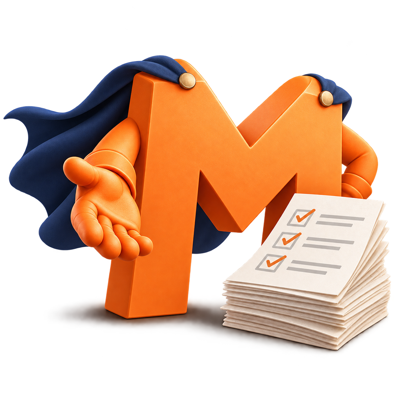 A Matterlyt M offering an open hand toward the viewer beside a stack of checked questionnaire pages.