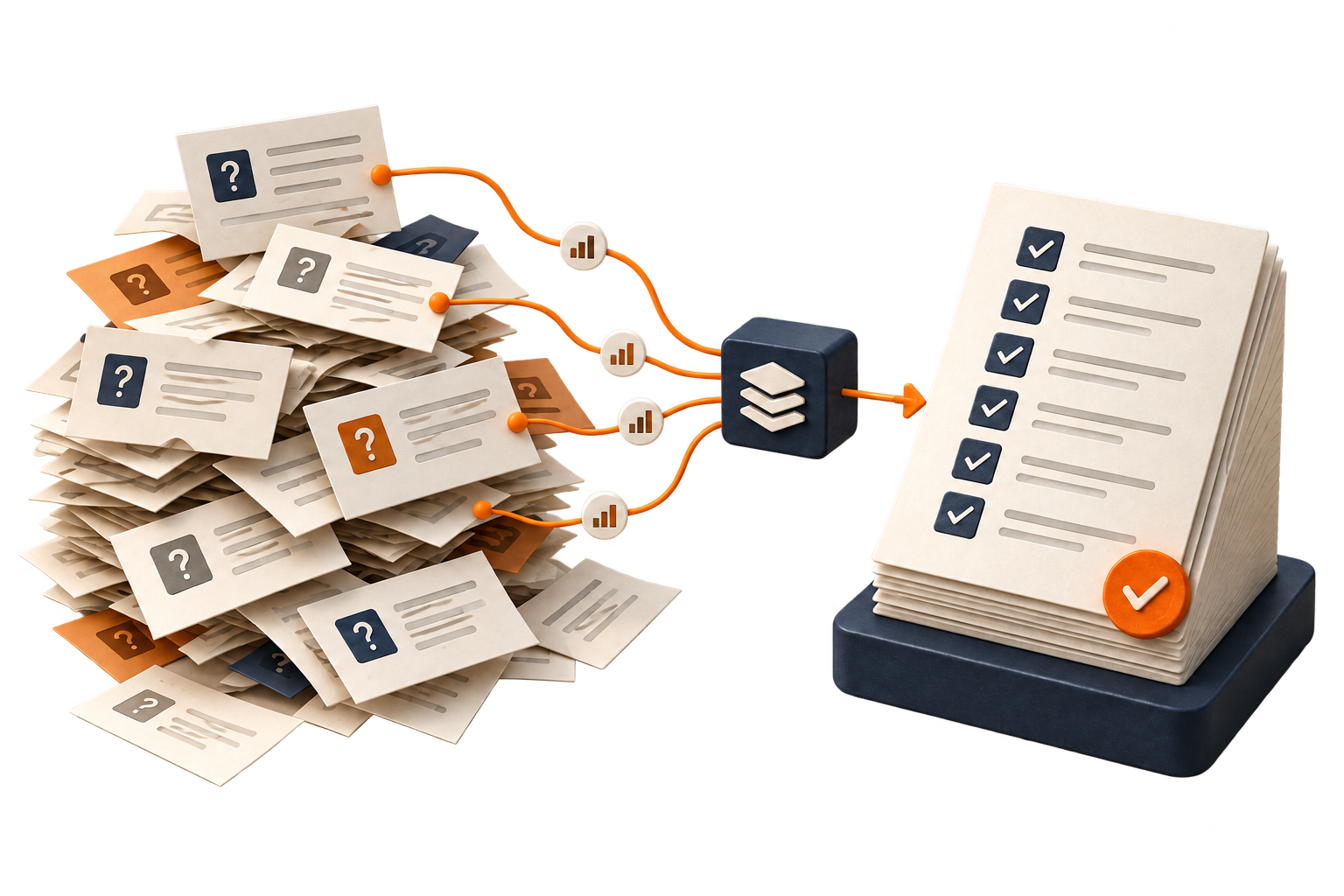 Illustration of loose questionnaire cards routed into a checked answer document.