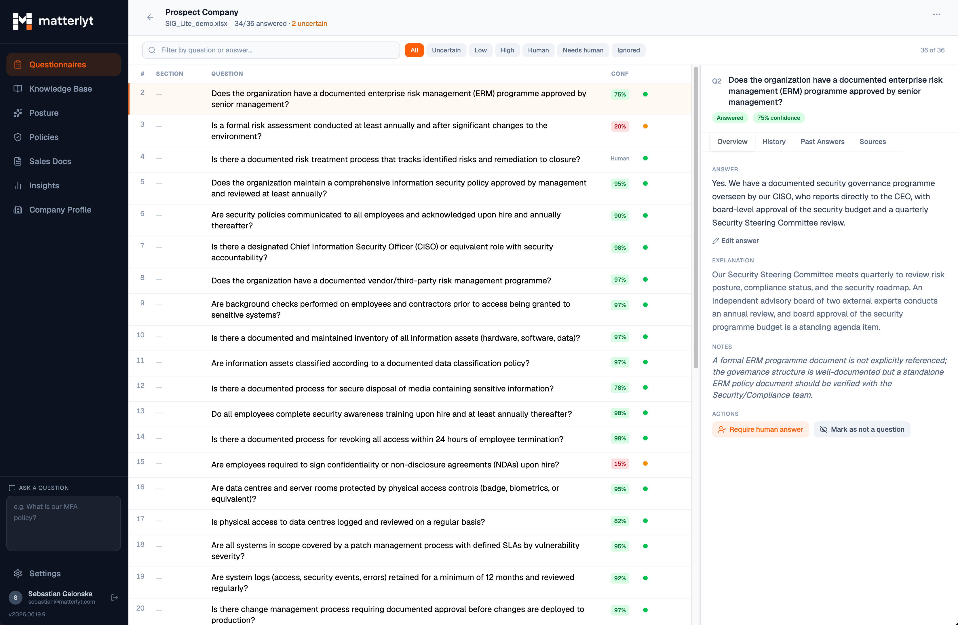 Security-Fragebogen mit belegten und geprüften Antworten in Matterlyt
