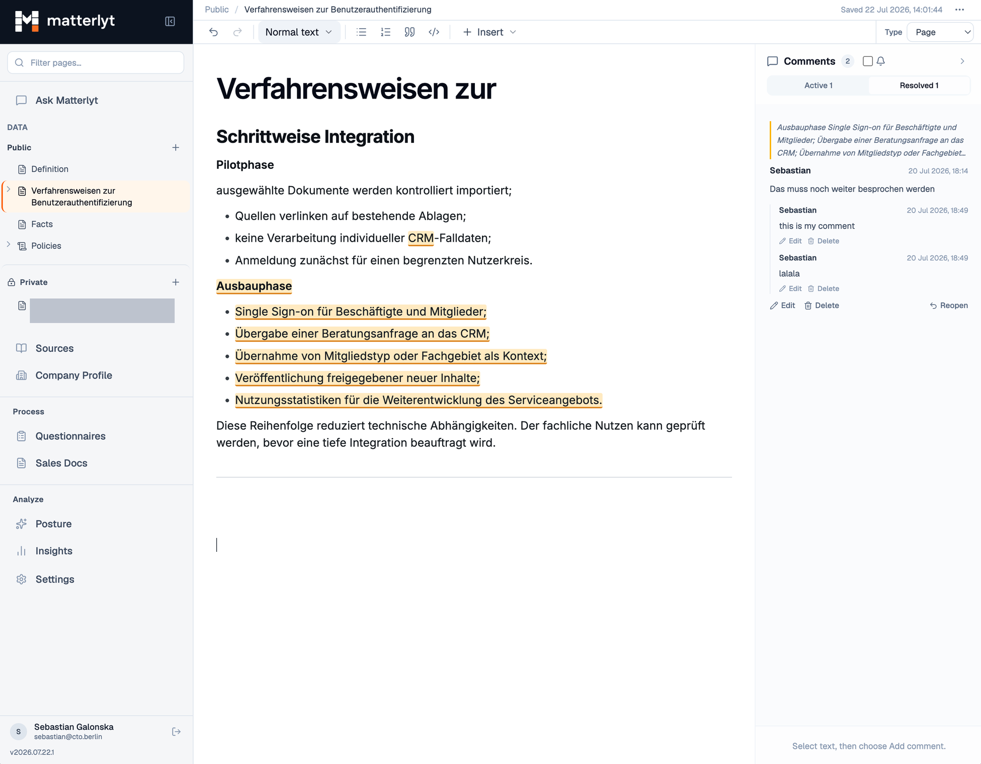 Matterlyt-Wiki mit öffentlichen und privaten Seiten, bearbeitetem Inhalt und Kommentaren zur fachlichen Abstimmung